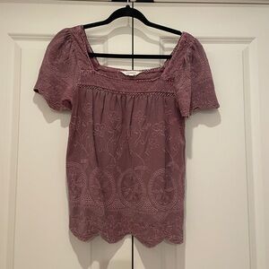 Lucky Brand Embroidered Mauve Puff-Sleeve Women's Top